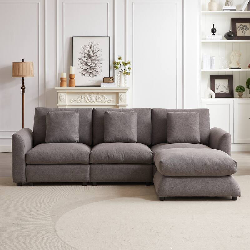 Modern Modular L-Shaped Sectional Sofa with Ottoman, 3 Cushions and 3 Pillows for Living Room