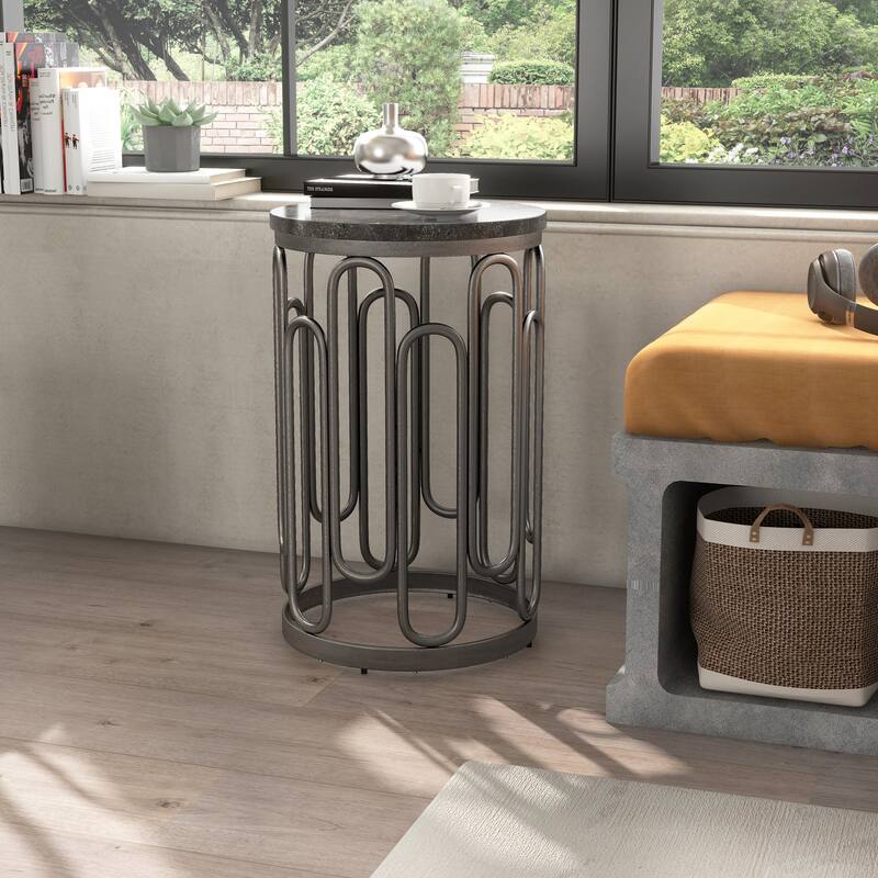 Lars Modern Round Small End Table with Marble Top, Sturdy Decorative Metal Base by Furniture of America - Black