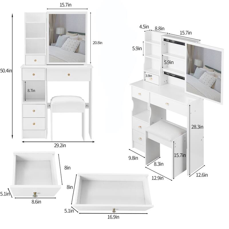 29.2" Vanity Set for Small Spaces, Dressing Table with Cushioned Stool
