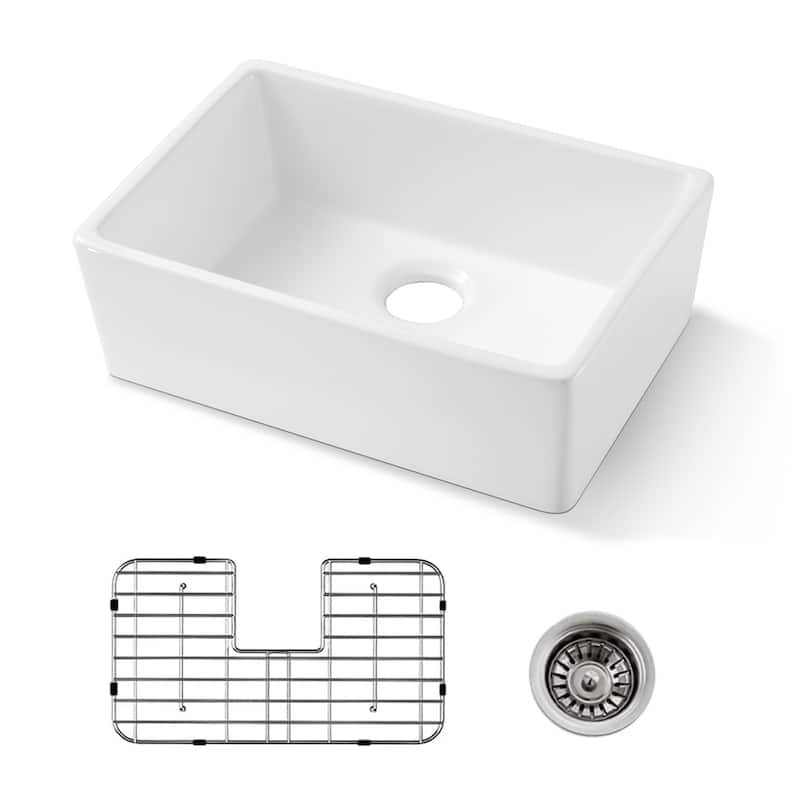 24" White Fireclay Ceramic Sink - Apron Front Single Basin with Grid