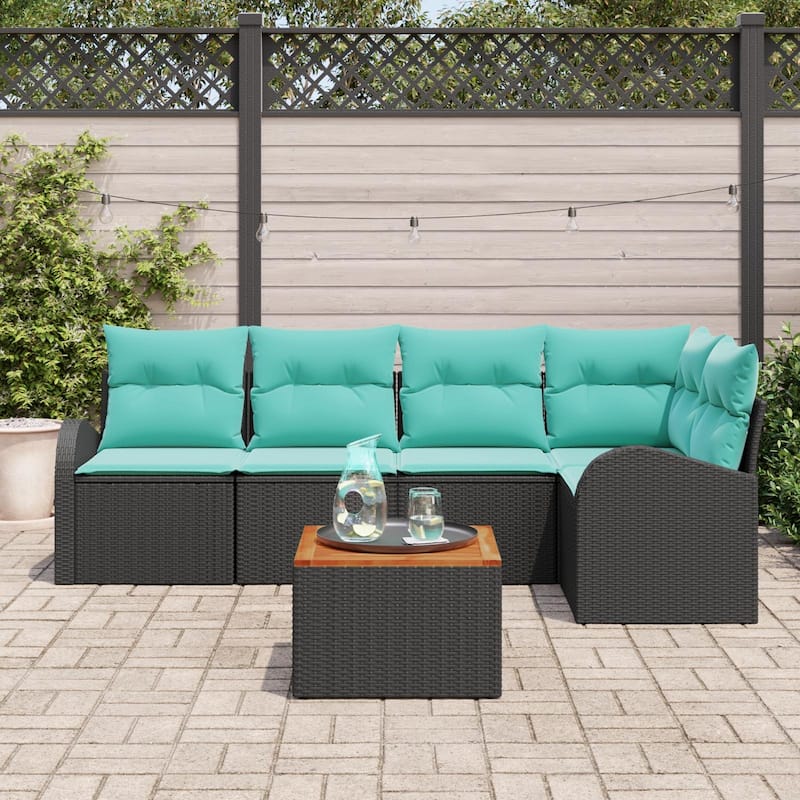 vidaXL 6 Garden Sofa Set with Cushions Black/Grey Poly Rattan - 92.1 x 48.8 x 27.2