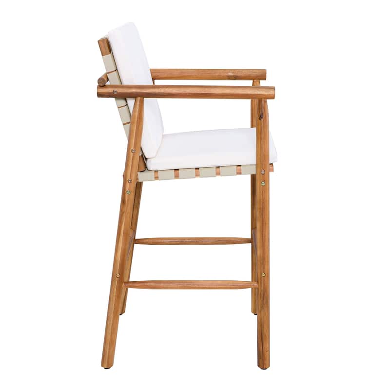 Roomfitters Set of 2 Outdoor Bar Stools with Beige Cushions, Natural Wood High Chairs for Patio Balcony Kitchen, Natural