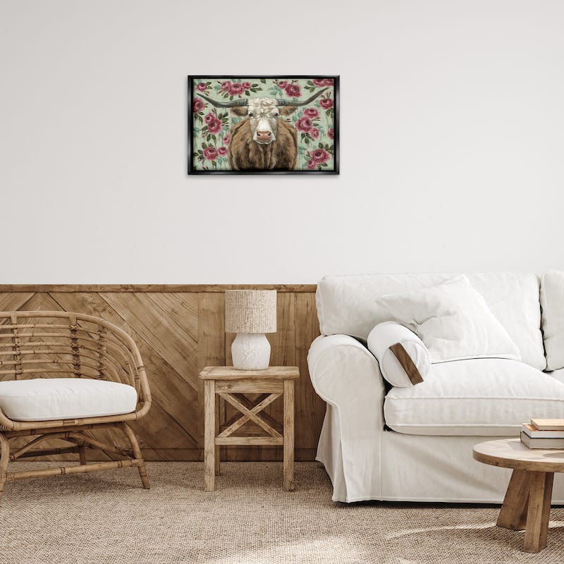 Stupell Longhorn with Magenta Blooms Framed Floater Canvas Wall Art Design By Sara G. Designs