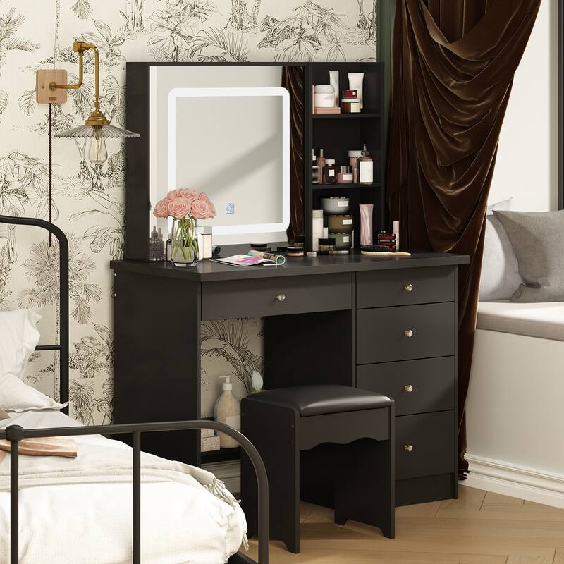 Makeup Vanity Set with Stool and 3 Color Touching Mirror Dresser Table - 39.4"W