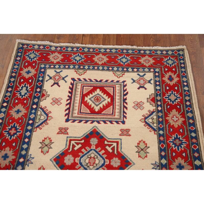 Ivory Kazak Oriental Accent Rug Hand-Knotted Foyer Wool Carpet - 3'4"x 4'9"
