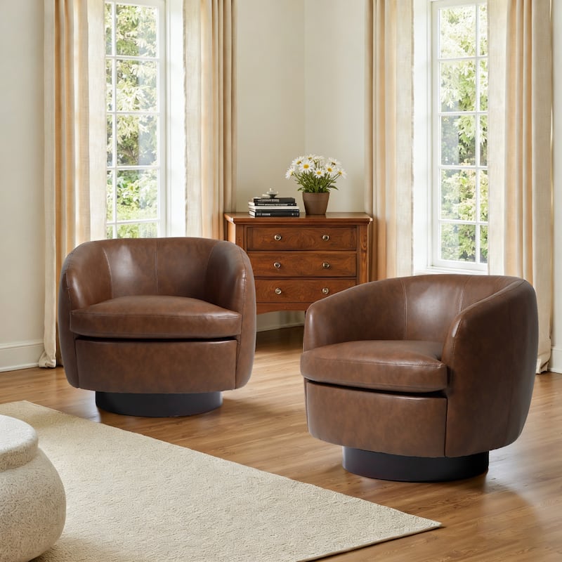 Upholstered Swivel Barrel Chair Set of 2 - Brown