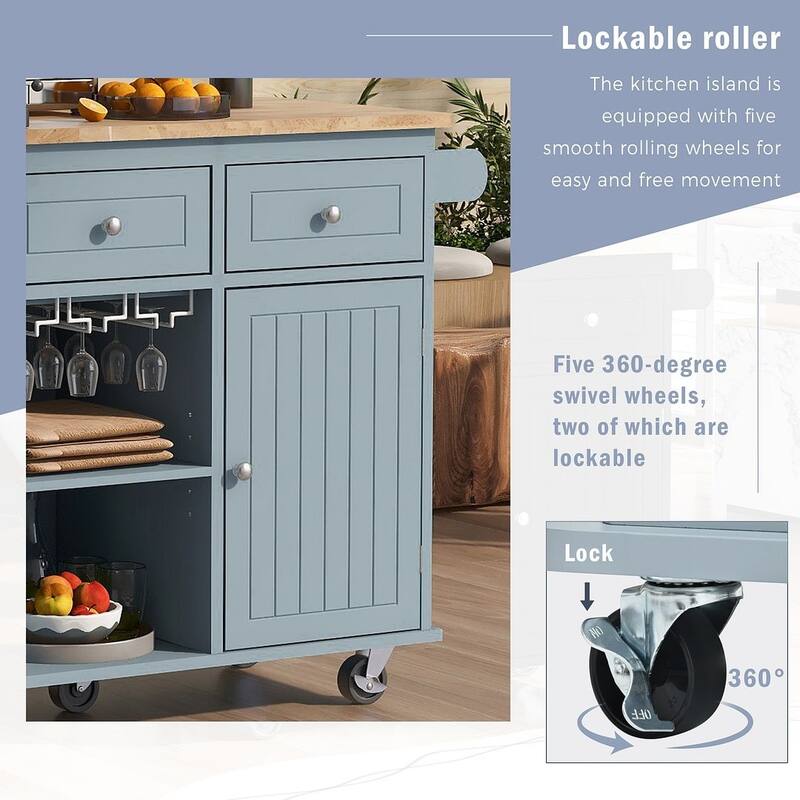 47" Modern Kitchen Cart with Electrical Outlet, Rubberwood Kitchen Island with Drop Leaf and Adjustable Storage Cabinet