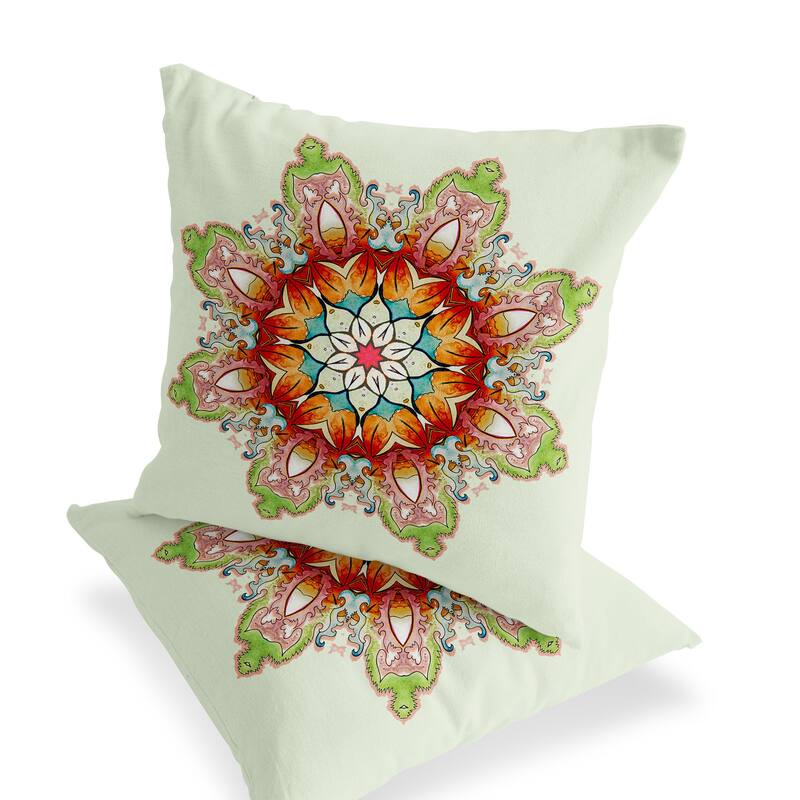 HomeRoots Set of Two 16" X 16" Green and Pink Blown Seam Floral Indoor Outdoor Throw Pillow - 16.00' X '16.00' X '5.00