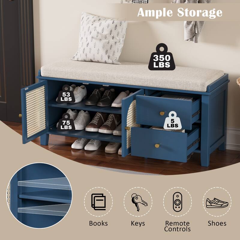 Storage Entryway Bench Wooden Shoe Bench with 2 Drawers, 2 Rattan Door & Removable Cushion for Living Room Entryway Hallway
