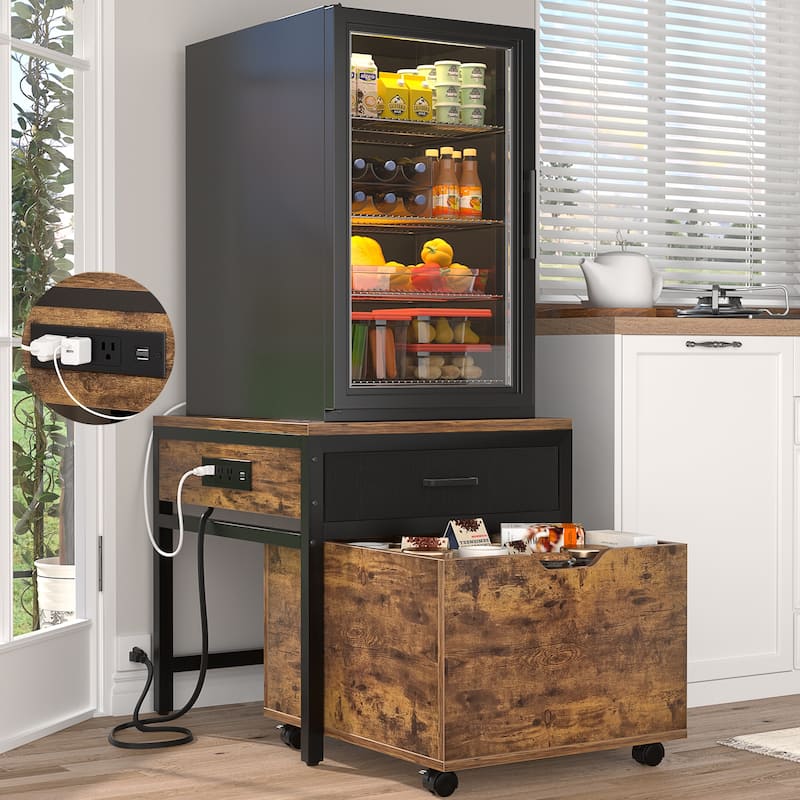 Mini Fridge Stand with Charge Station, Side/ End Table with Storage Drawers and Rolling Cabinet - Rustic Brown