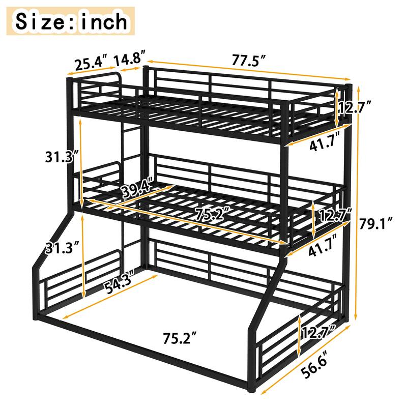 Twin over Twin over Full Triple Bunk Bed - Metal Frame with Safety Guardrails & Noise-Reduced Design