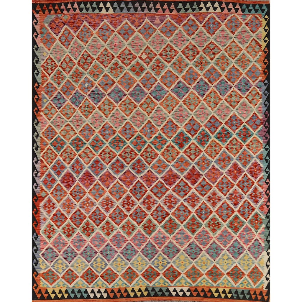 All-Over Trellis Kilim Area Rug Flatweave Wool Carpet - 8'3" x 9'10"