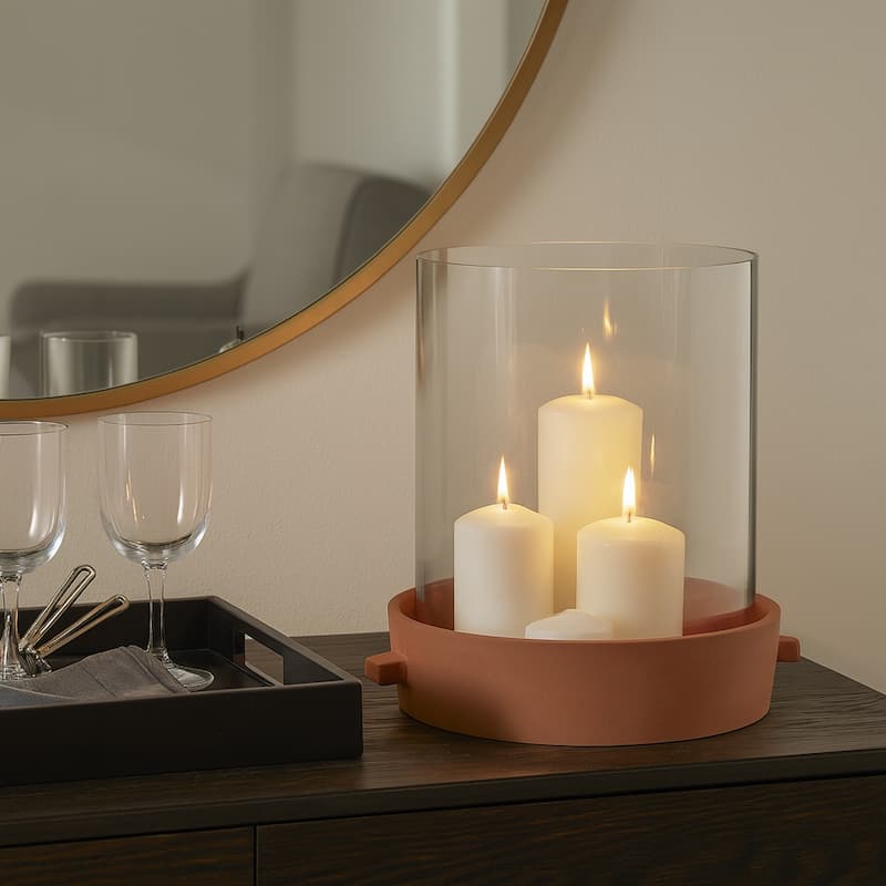 Modern Glass Hurricane Candle Holder with Terracotta Base - Brown - 13.0"
