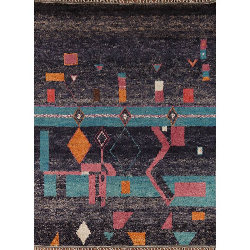 Geometric Plush Moroccan Area Rug Handmade Tribal Wool Carpet - 8'0" x 10'5"