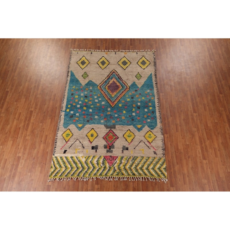 Geometric Plush Moroccan Rug Hand-Knotted Bedroom Wool Carpet - 7'1" x 10'3"