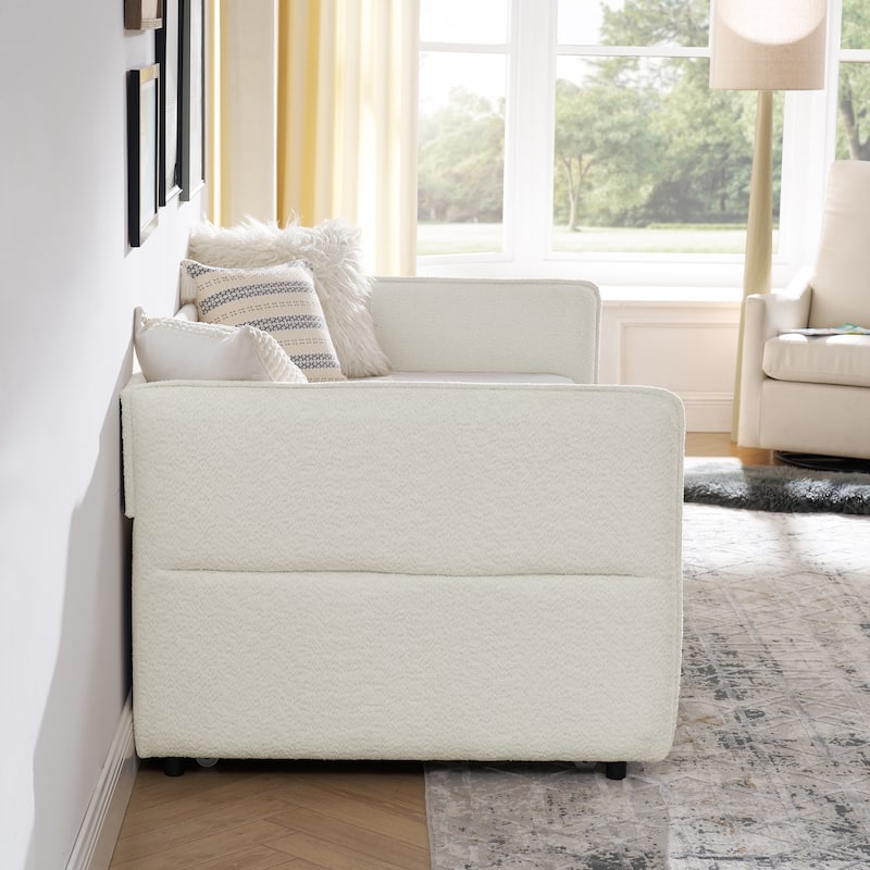Upholstered Tufted Daybed, Boucle Fabric Sofa Bed Frame with Trundle