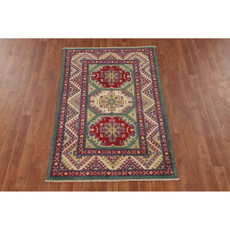 Green Kazak Accent Rug Handmade Wool Carpet - 3'3" x 4'11"