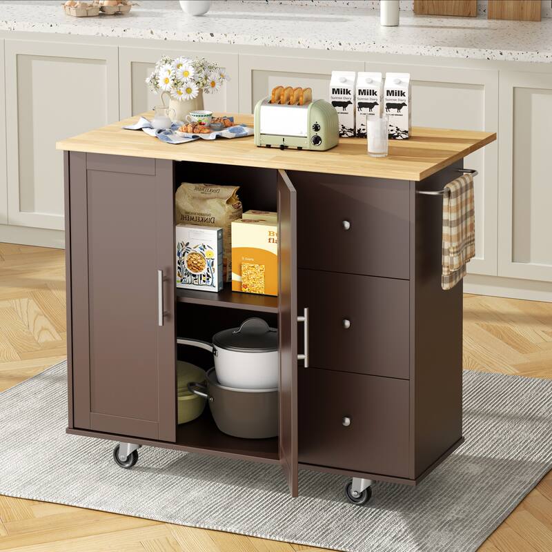 Futzca Storage Kitchen Island Cart - Brown/1 Cabinet + 3 Drawers