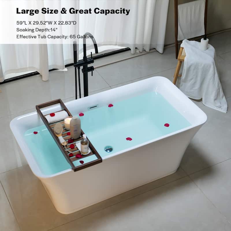 59" x 30" Freestanding Rectangular Soaking Acrylic Bathtub in White with Polished Chrome Overflow and Drain