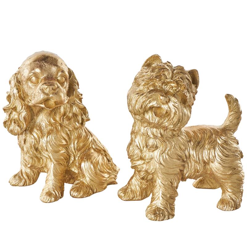 Gold Polystone Sitting and Standing Dog Decorative Sculpture (Set of 2)