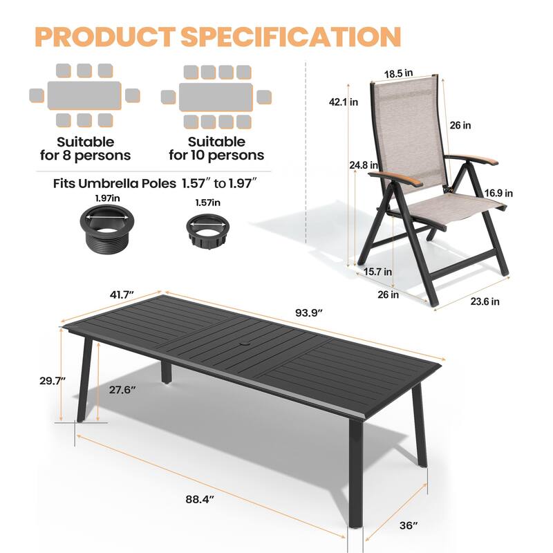 9/11/13-Piece Outdoor Patio Dining Set All-Weather Aluminum Dining Table with Umbrella Hole and Adjustable Folding Chairs