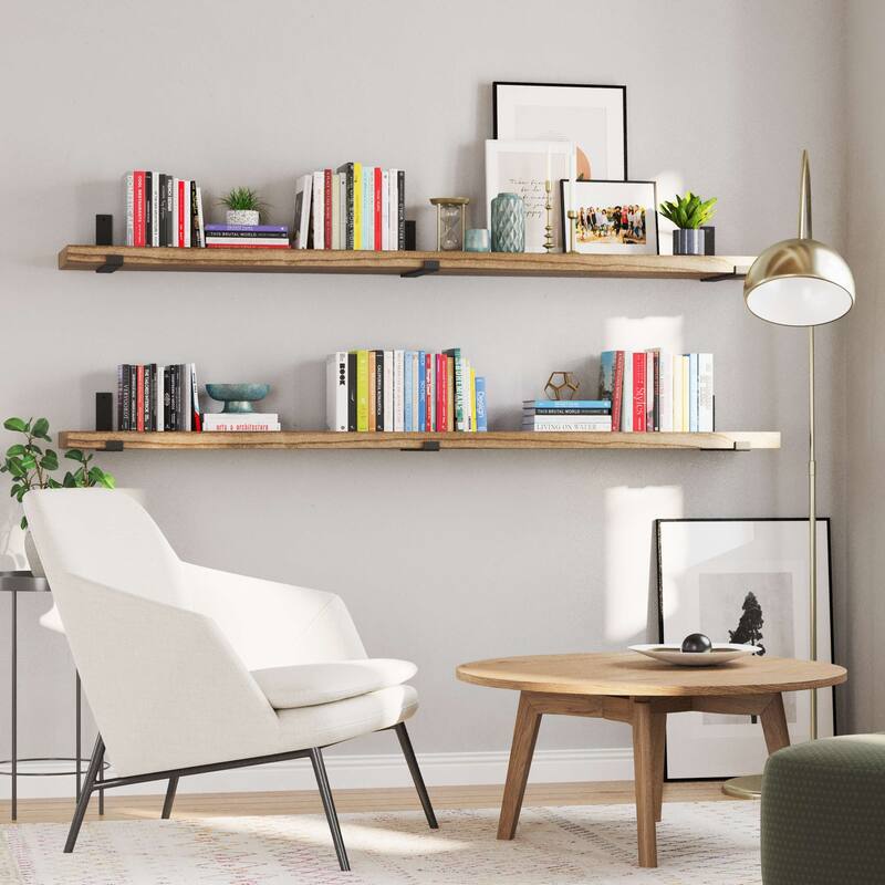 Wallniture Forte 60" or 72" Long, 11.25" Deep Floating Bookshelves, Farmhouse Shelves Living Room, 1.5" Thick, Wood, Burnt, 1 Pc