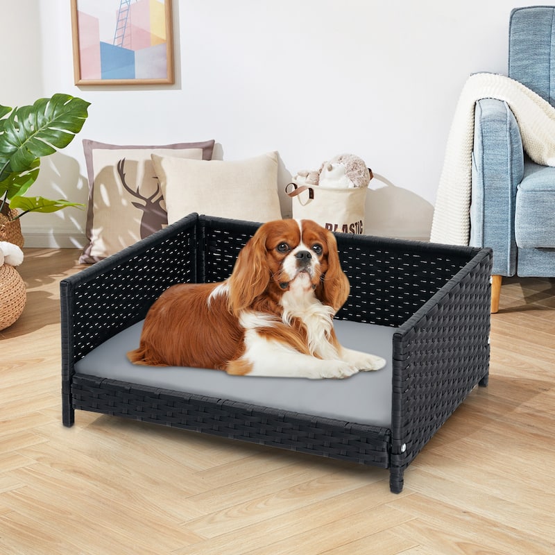 Rattan Dog Bed with Waterproof Soft Cushion for Medium Small Dogs Cats - 24.5" x 18" x 10" (L x W x H)