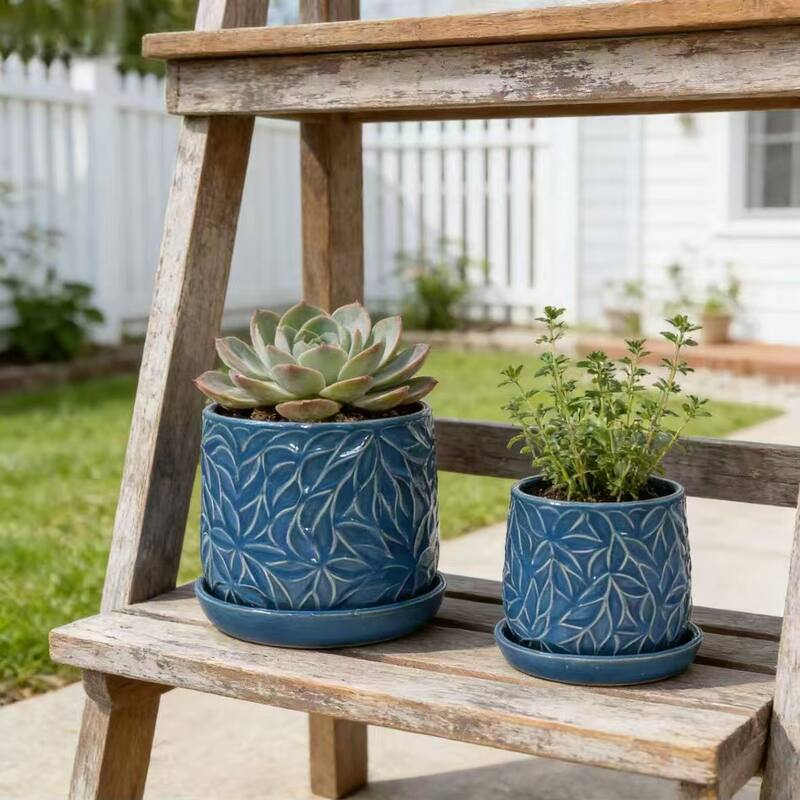 Set of 2 Handmade Modern Embossed Leaf Ceramic Planters with Saucers