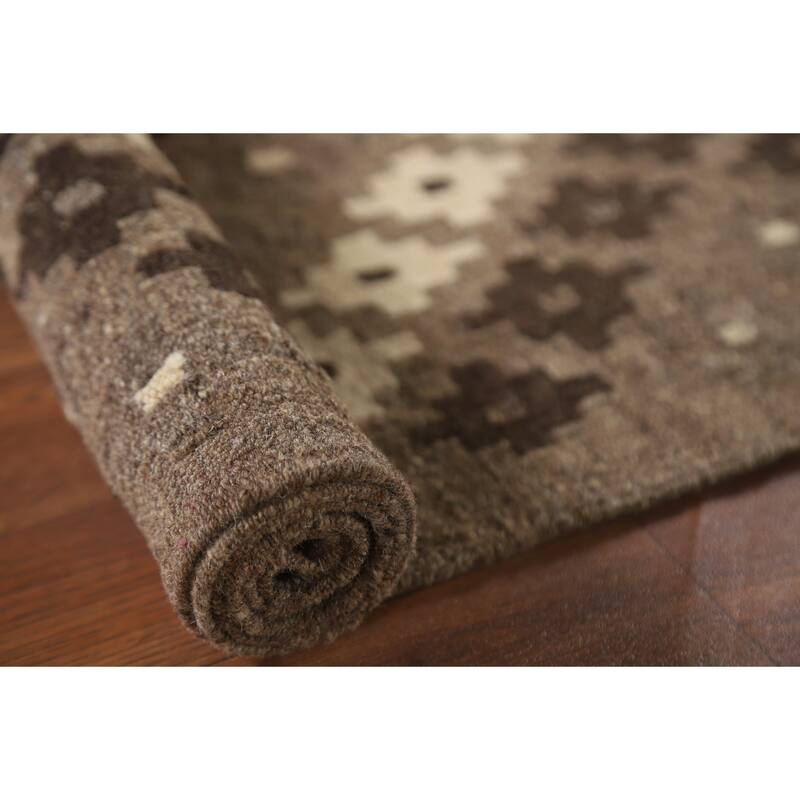 Brown Geometric Kilim Oriental Area Rug Flatweave Wool Carpet - 3'5"x 4'11"