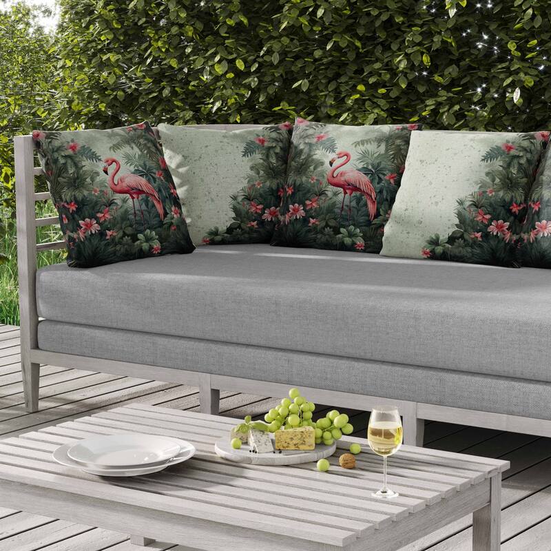 Tropical Flamingo Haven Indoor/Outdoor Reversible Throw Pillow Green and Pink