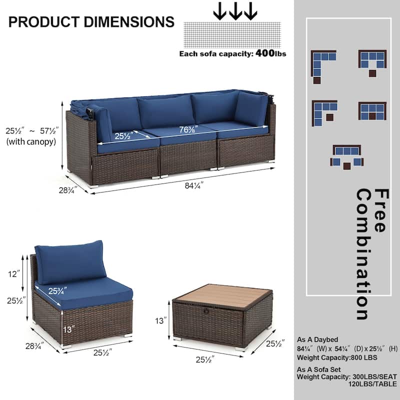 EROMMY 6-Piece Patio Furniture Set, Rattan Daybed with Canopy and Adjustable Backrest