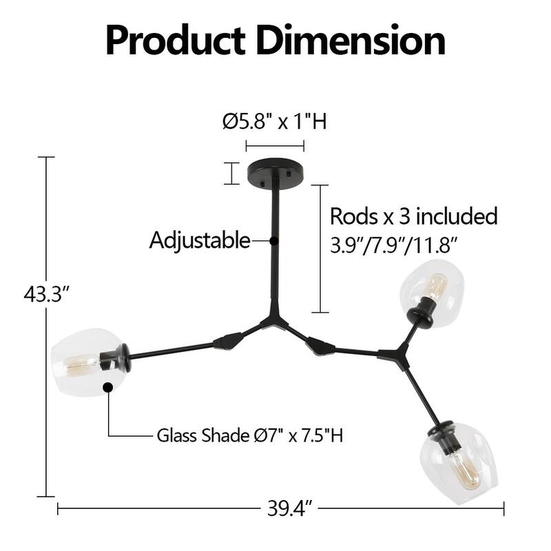 8-Light Black Modern Full-angle Adjustable Chandelier with Clear Glass Shades