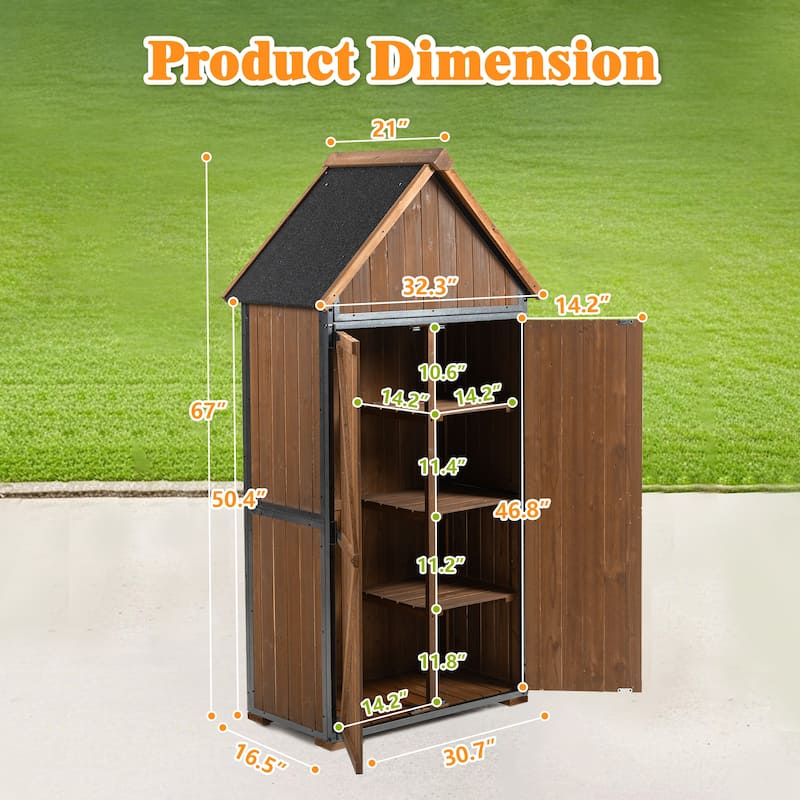 Tall Outdoor Storage Shed - 32.3"L x 21"W x 67"H, Metal Frame Tool Shed for Patio/Garden, Brown