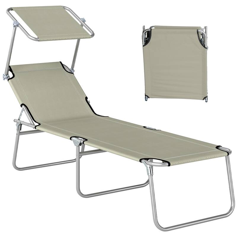 Outsunny Outdoor Lounge Chair, Adjustable Folding Chaise Lounge, Tanning Chair with Sun Shade for Beach, Camping, Hiking
