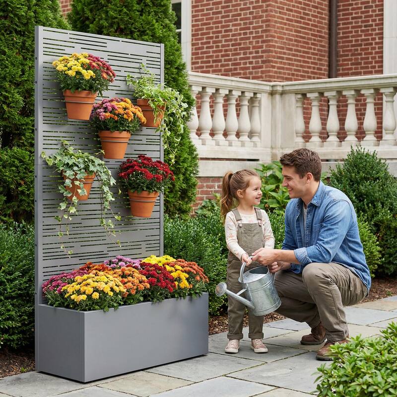 Metal Galvanized Planter Box with Trellis Privacy Screen Lockable Wheels