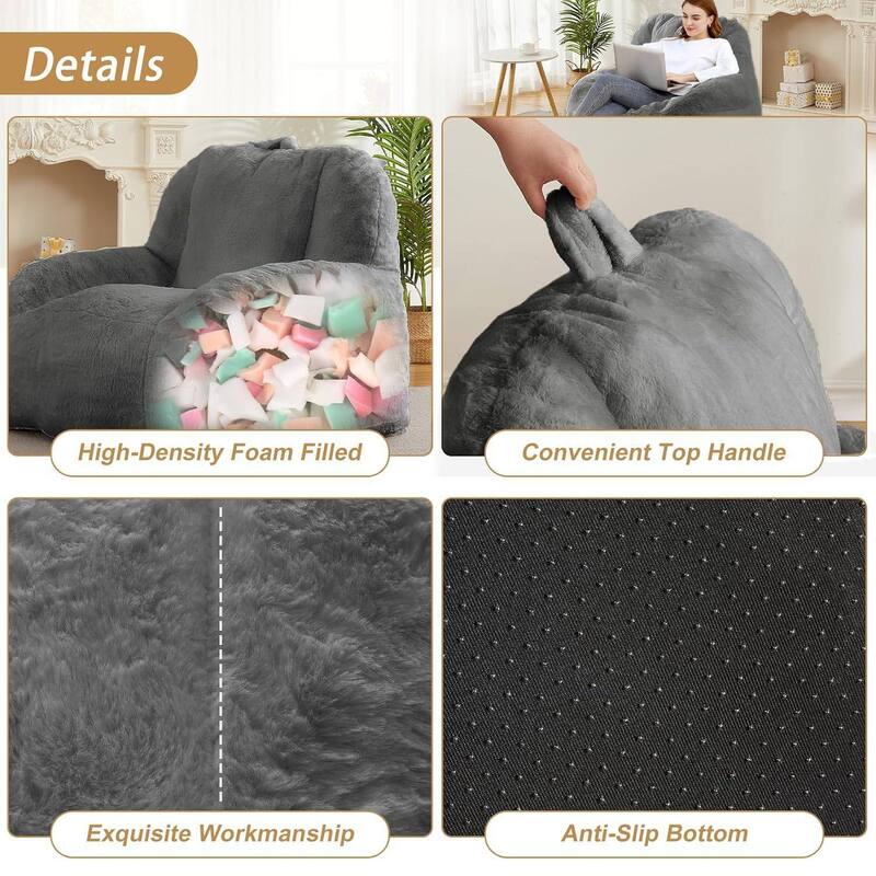 Faux Fur Stuffed Bean Bag Chair, Big Floor Lazy Sofa for Adults
