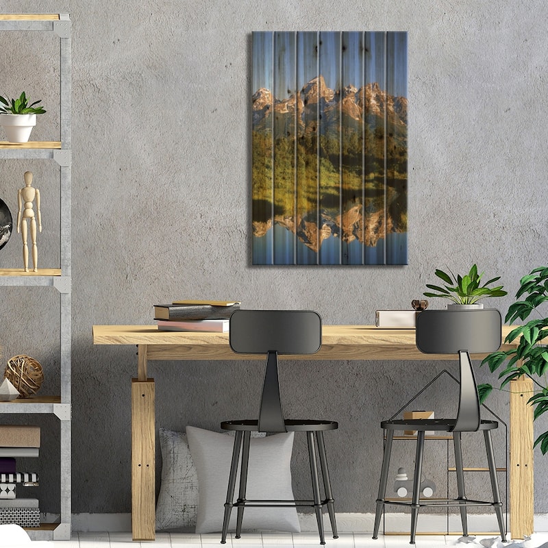 USA, Wyoming, Grand Teton National Park. Grand Tetons reflect in Snake River. Print On Wood by Jaynes Gallery - Multi-Color