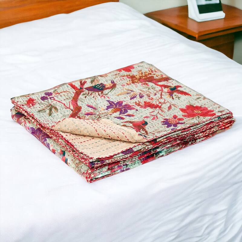 HomeRoots 50" X 70" Pink and Ivory Kantha Cotton Floral Throw Blanket with Embroidery
