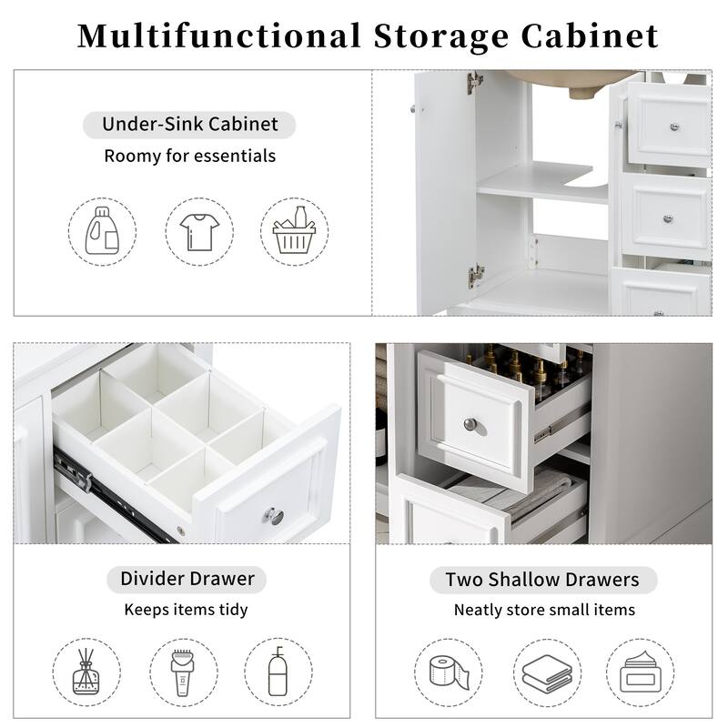 36" Transitional Bathroom Vanity with Ceramic Sink - 2 Soft-Close Doors, 3 Drawers (1 Divided), U-Shaped Shelf, Painted Finish
