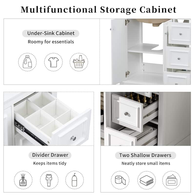 Roomfitters 36" Transitional Bathroom Vanity with Ceramic Sink, 2 Soft-Close Doors, Adjustable Shelf and 3 Drawers