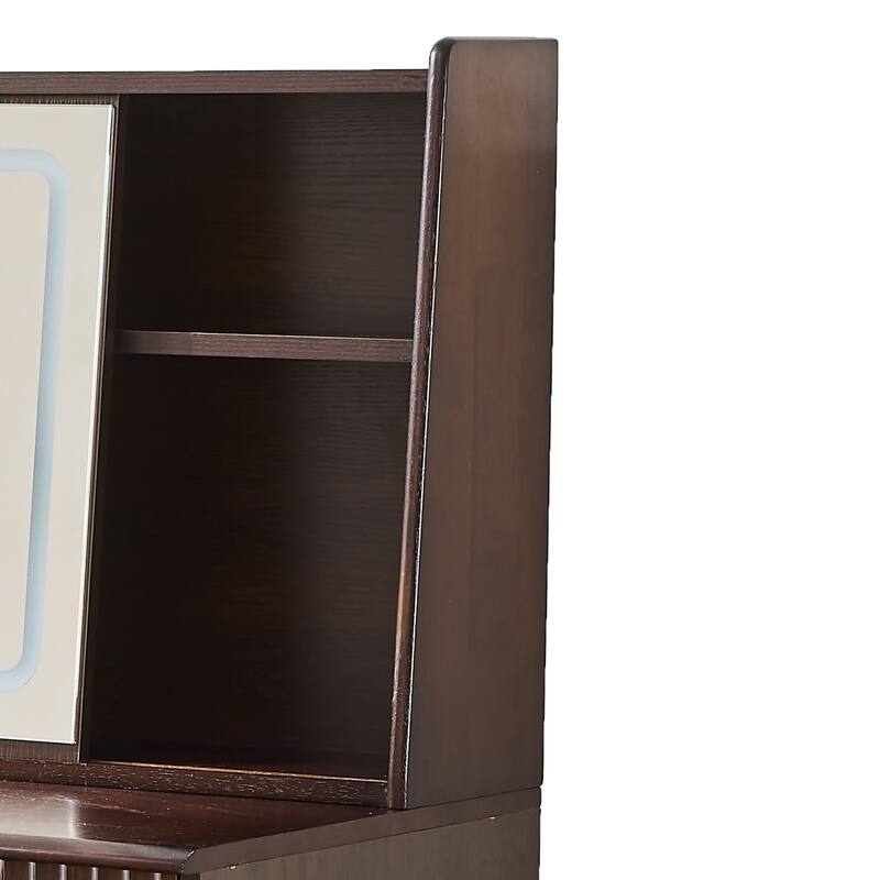 Mid-Century Modern Makeup Vanity Desk Set Includes Dressing Table & Stool, Sliding Makeup Mirror with 3-Color LED Light, Walnut