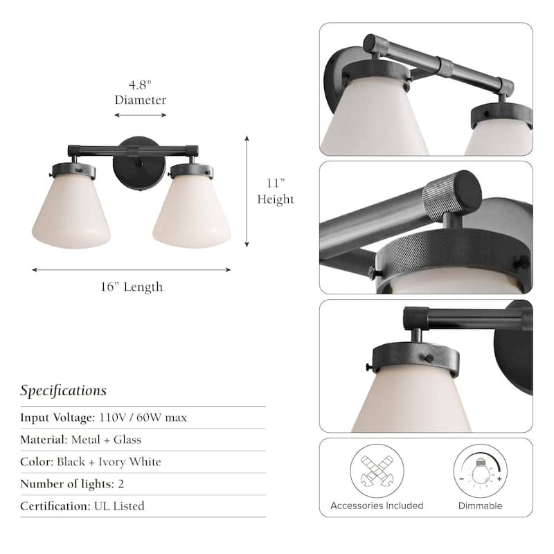 Modern Dual-Arm Wall Sconce - Metal, Glass & Matte Black, Ivory White Wall Sconce for Bathroom or Bedroom in Modern Style