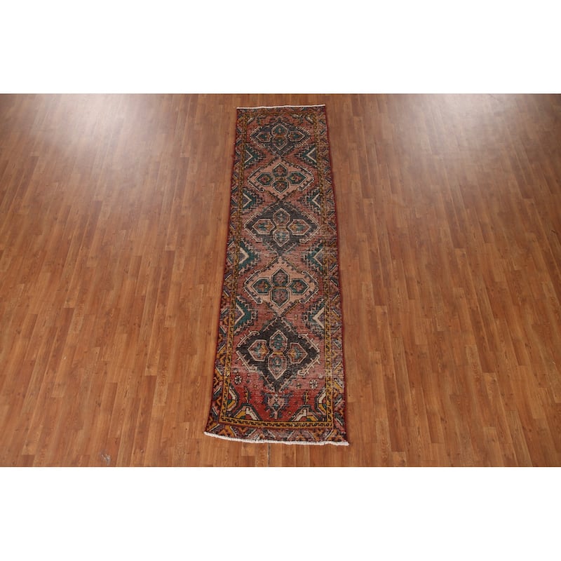 Vegetable Dye Hamedan Persian Vintage Runner Rug Geometric Wool Carpet - 2'11"x 10'1"