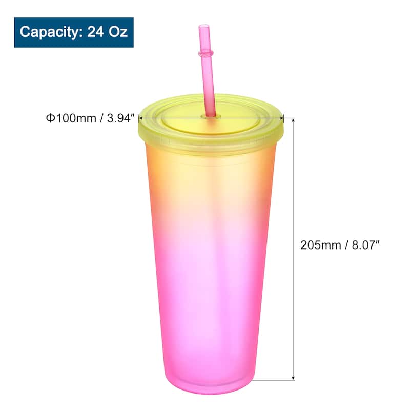 Acrylic Tumbler with Lid and Straw, 24 Oz Insulated Double Wall Cups - Yellow Pink