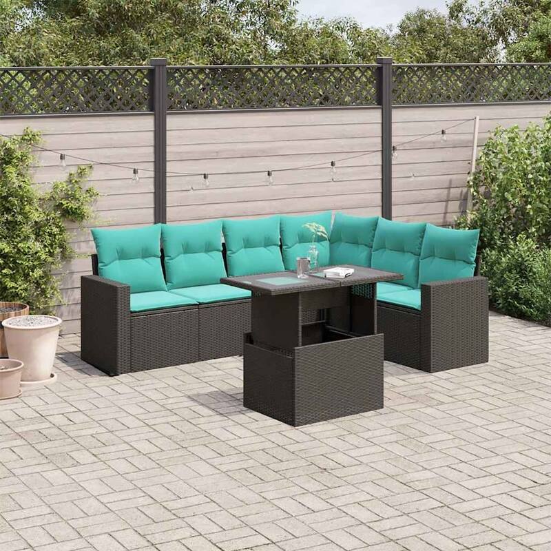 vidaXL 7 Piece Patio Sofa Set with Cushions Black/Brown/Gray Poly Rattan - 24.4 x 24.4 x 27.2 - Black without storage