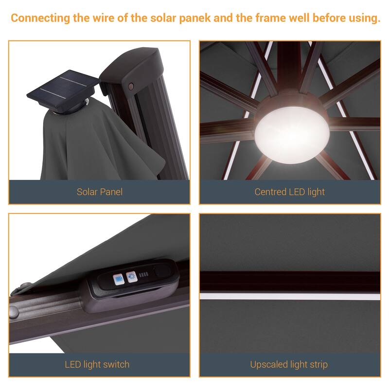 LIVOOSUN 11Ft LED Patio Hanging Octagon Cantilever Umbrella with 360-degree Rotating Canopy