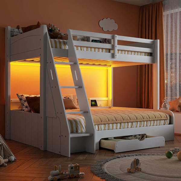 slide 2 of 30, Twin over Full Bunk Bed with Shelves, Multi-functional Kids Storage Bed Frame with LED Light, Charging Station and Drawer White