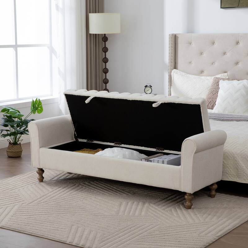 odern Upholstered Storage Bench , Napped fabric Bed End Foot Stool With Rolled Armrest