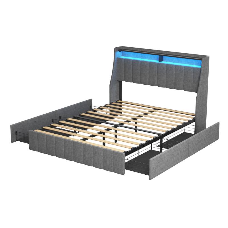 Upholstered Platform Bed Frame with Led Lights and Storage Rack, 4 Under-bed Storage Drawers, No Box Spring Needed, Metal Frame