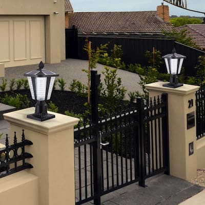 15"(H) Solar Powered Outdoor Lantern, Modern Garden Light with LED for Pathways, Yards, and Driveways (2-Pack) - Black